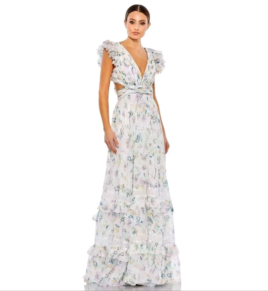 Ieena for Mac Duggal White Floral Ruffled Cut Out Flowy Maxi Dress Size 14